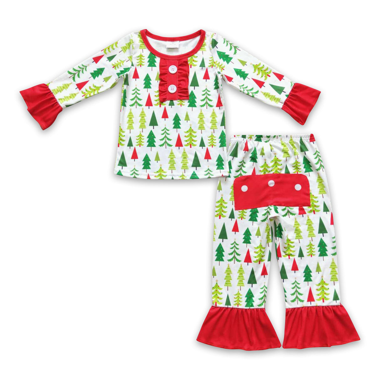 Christmas tree long sleeves ruffle baby girls pajamas