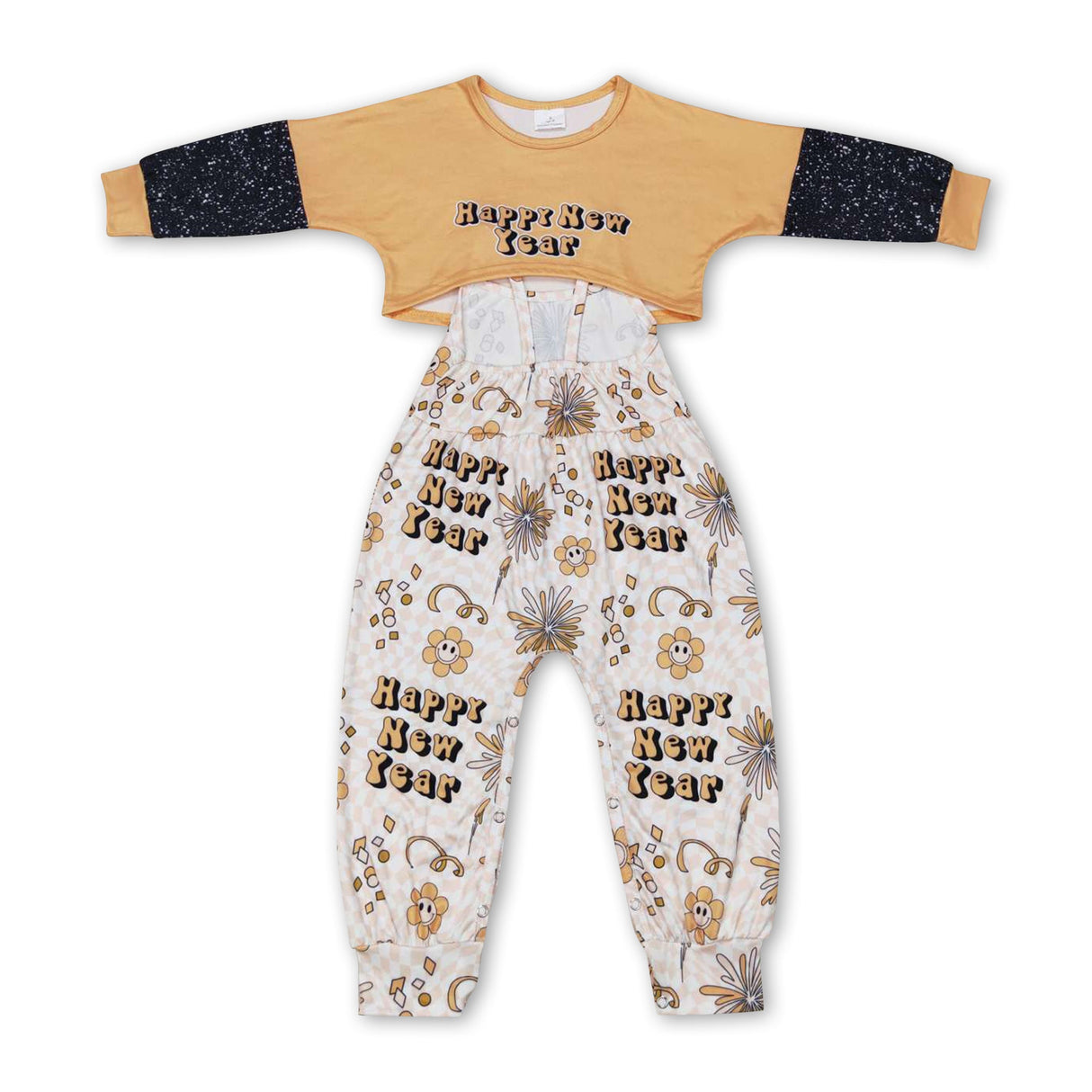 Happy new year top smile flower jumpsuit girls clothing set