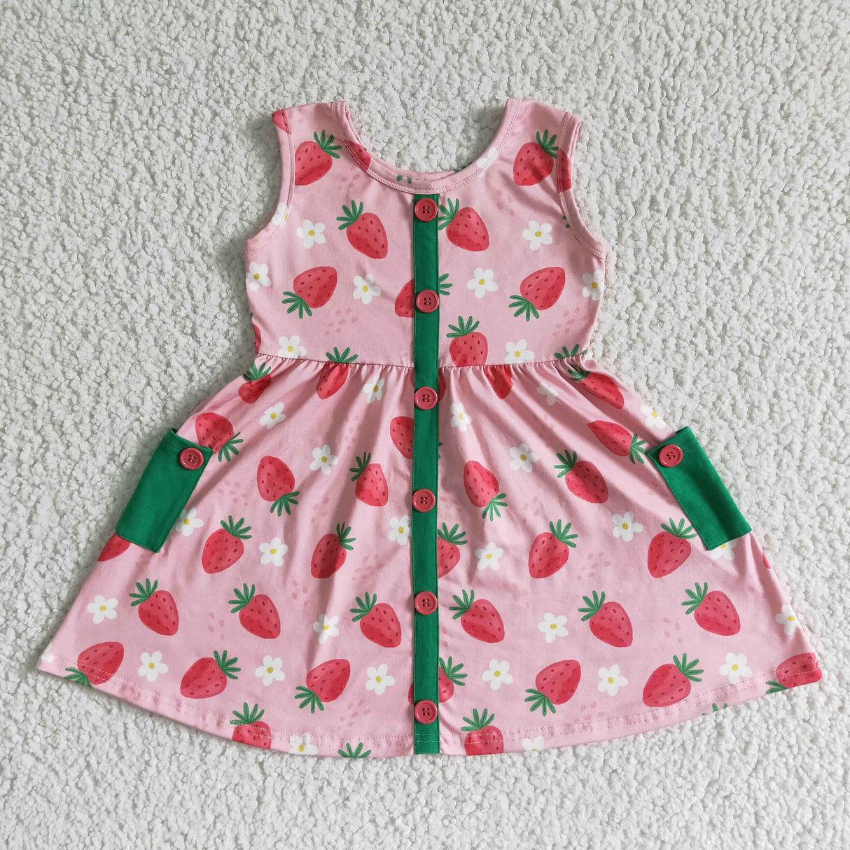 Strawberry sleeveless pocket twirl girls dress