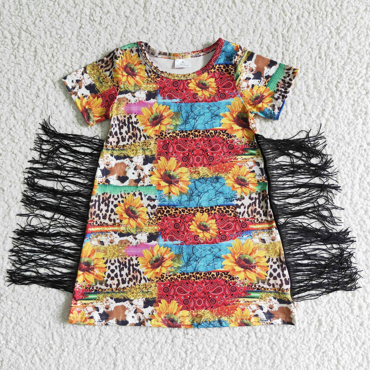 Sunflower cow print baby girls fringe dress