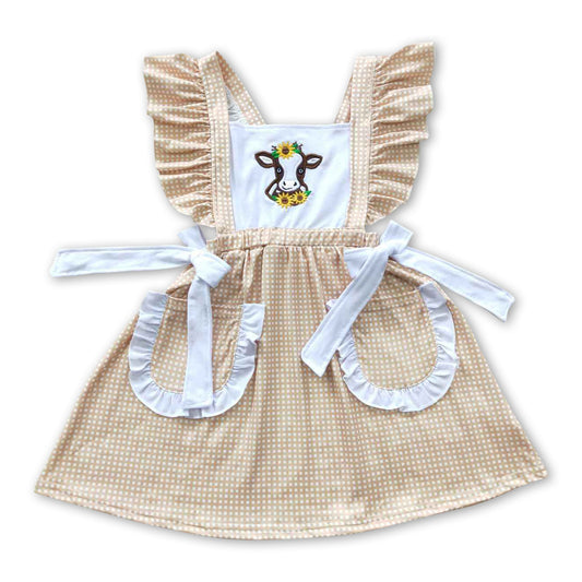 Cow embroidery bow pocket kids girls dresses