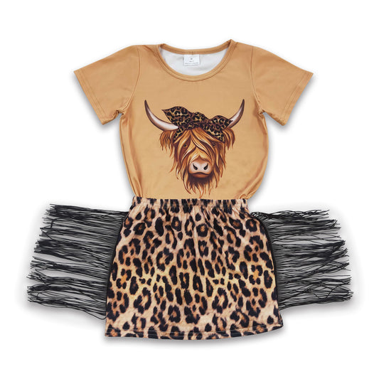 Highland cow shirt leopard tassels skirt girl set