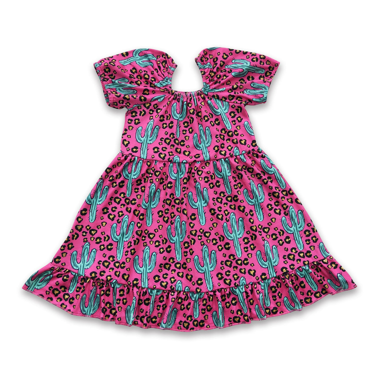 Short sleeves leopard cactus baby girls dresses