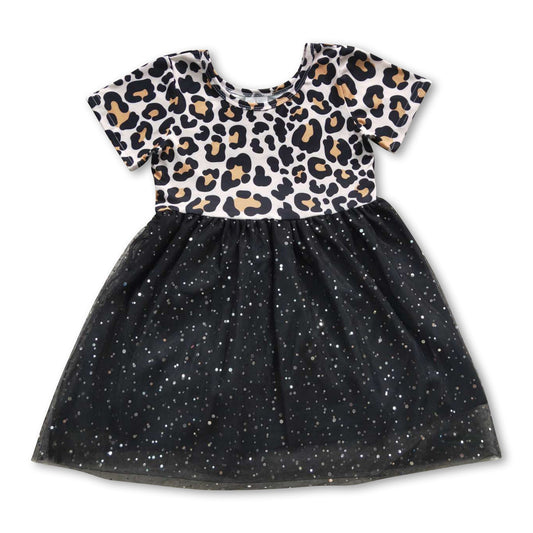 Leopard short sleeves sparkle black tulle baby girls dresses