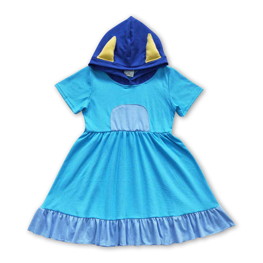 Blue dog short sleeves solid hooded cute girls dresses