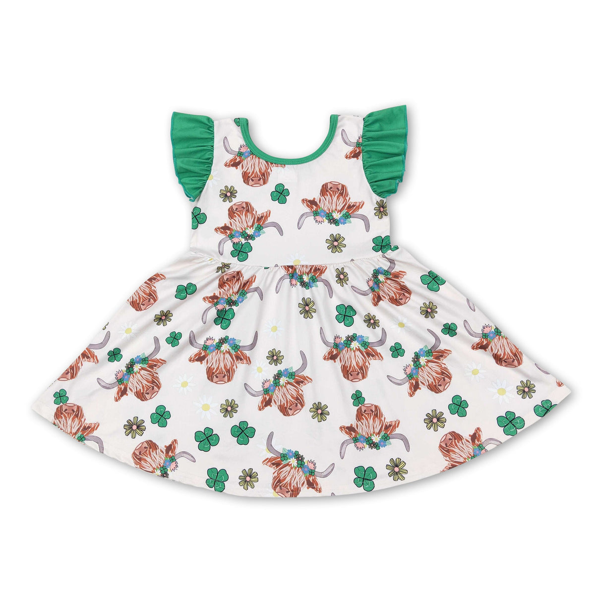Green highland cow clover girls st patrick's day dress