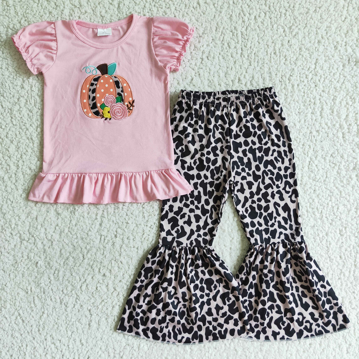 Pumpkin floral embroidery pink shirt leopard pants girls fall set