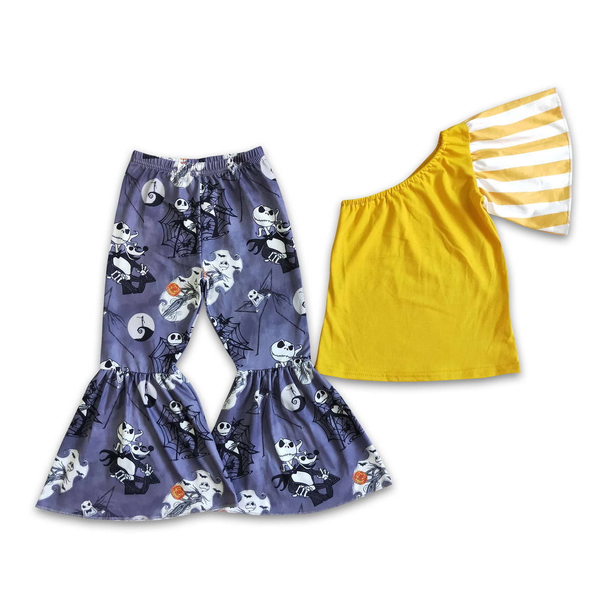 One shoulder shirt pumpkin skull pants girls Halloween outfits