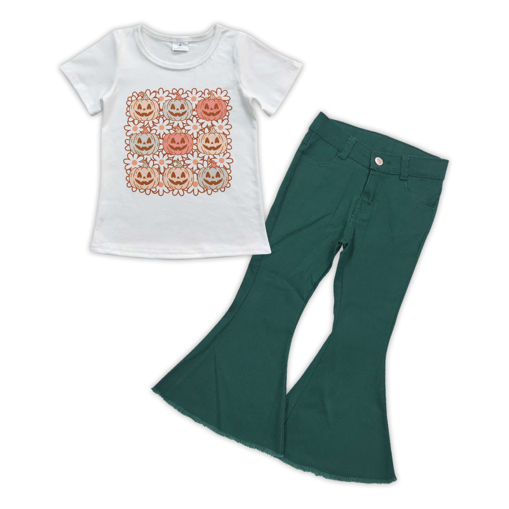 Pumpkin floral top green jeans girls Halloween clothes