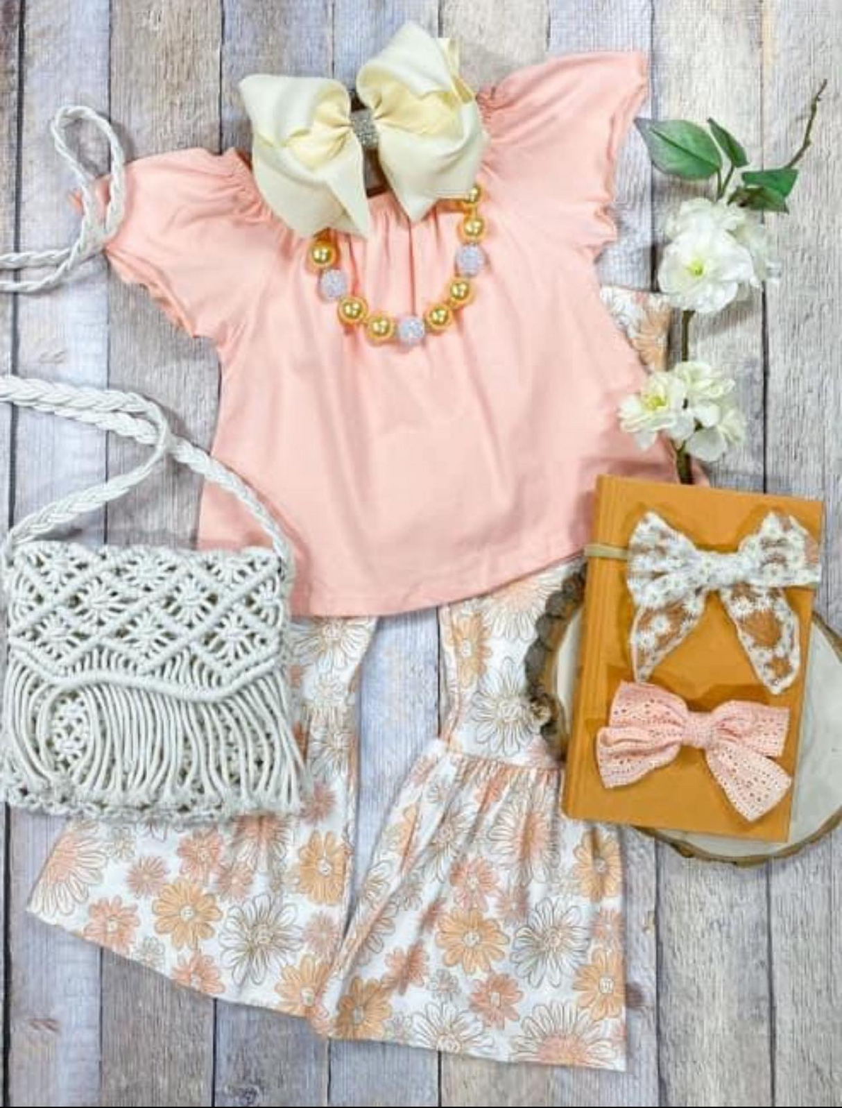 Solid top floral bell bottom pants girls clothing set