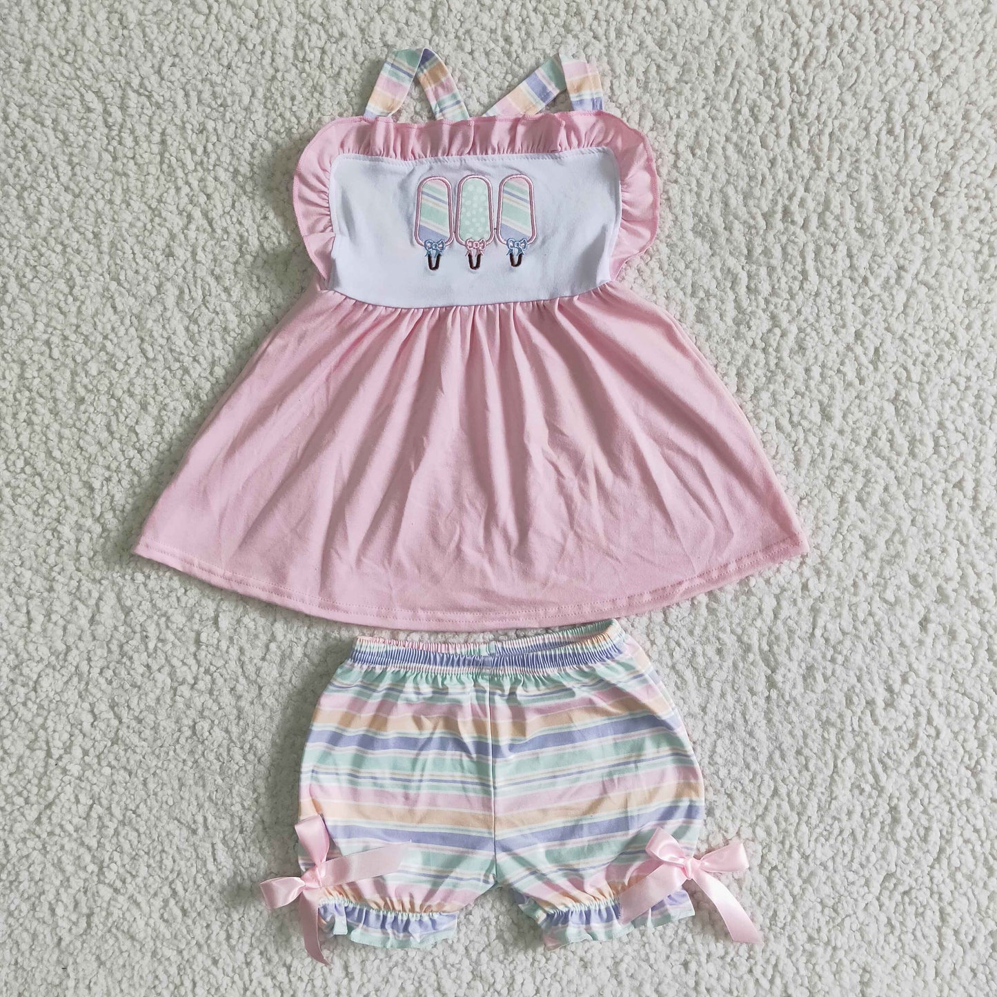Popsicle embroidery stripe shorts girls summer clothes