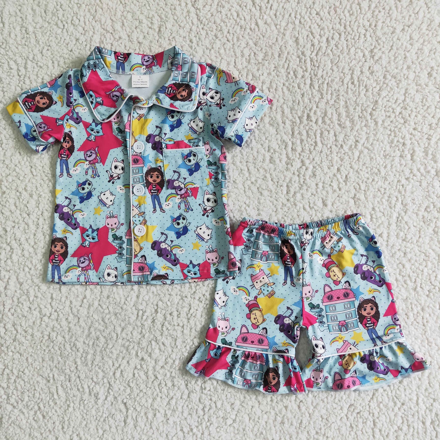 Cute cat short sleeve shirt ruffle shorts girls summer pajamas