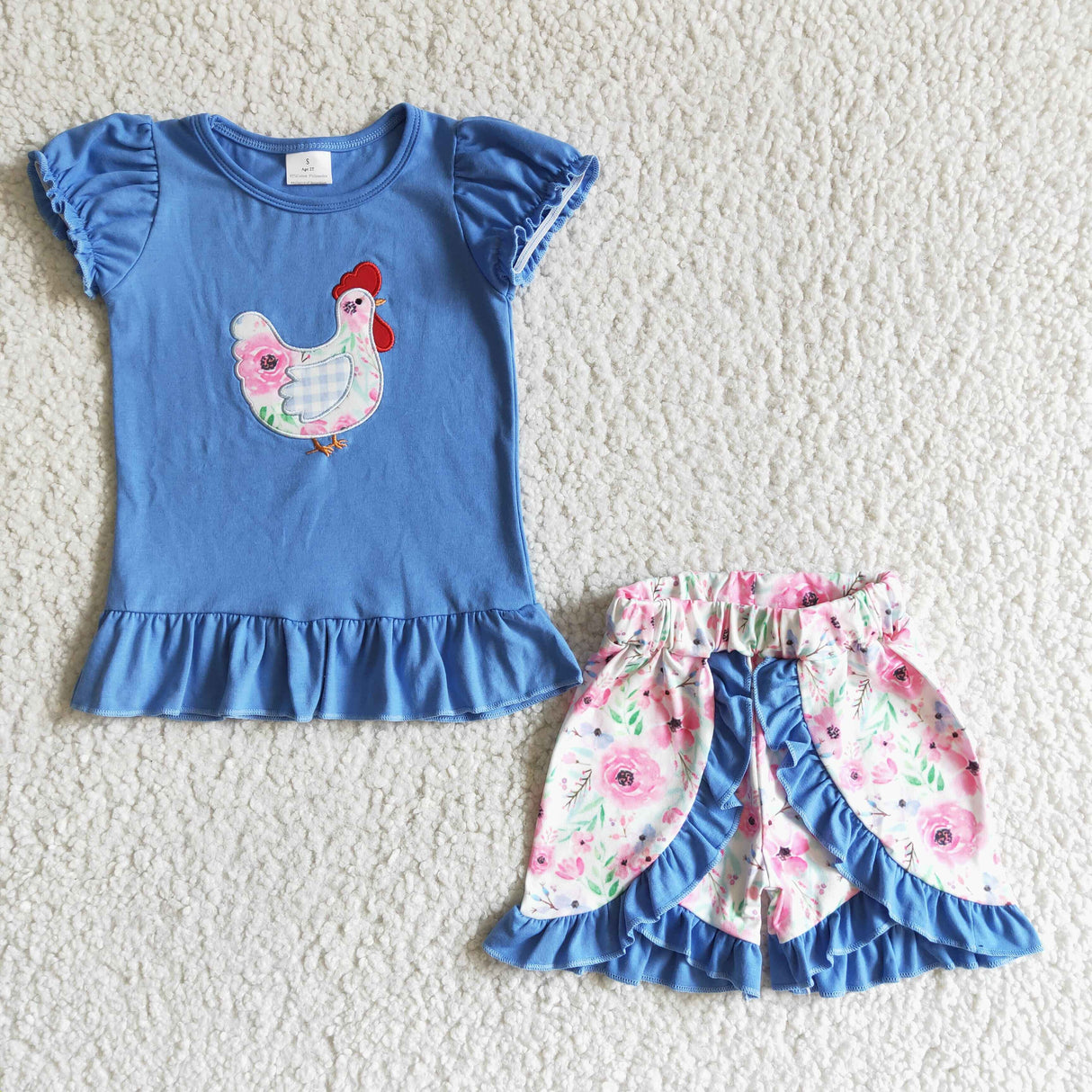 Chicken embroidery blue cotton shirt floral shirt girls clothing set