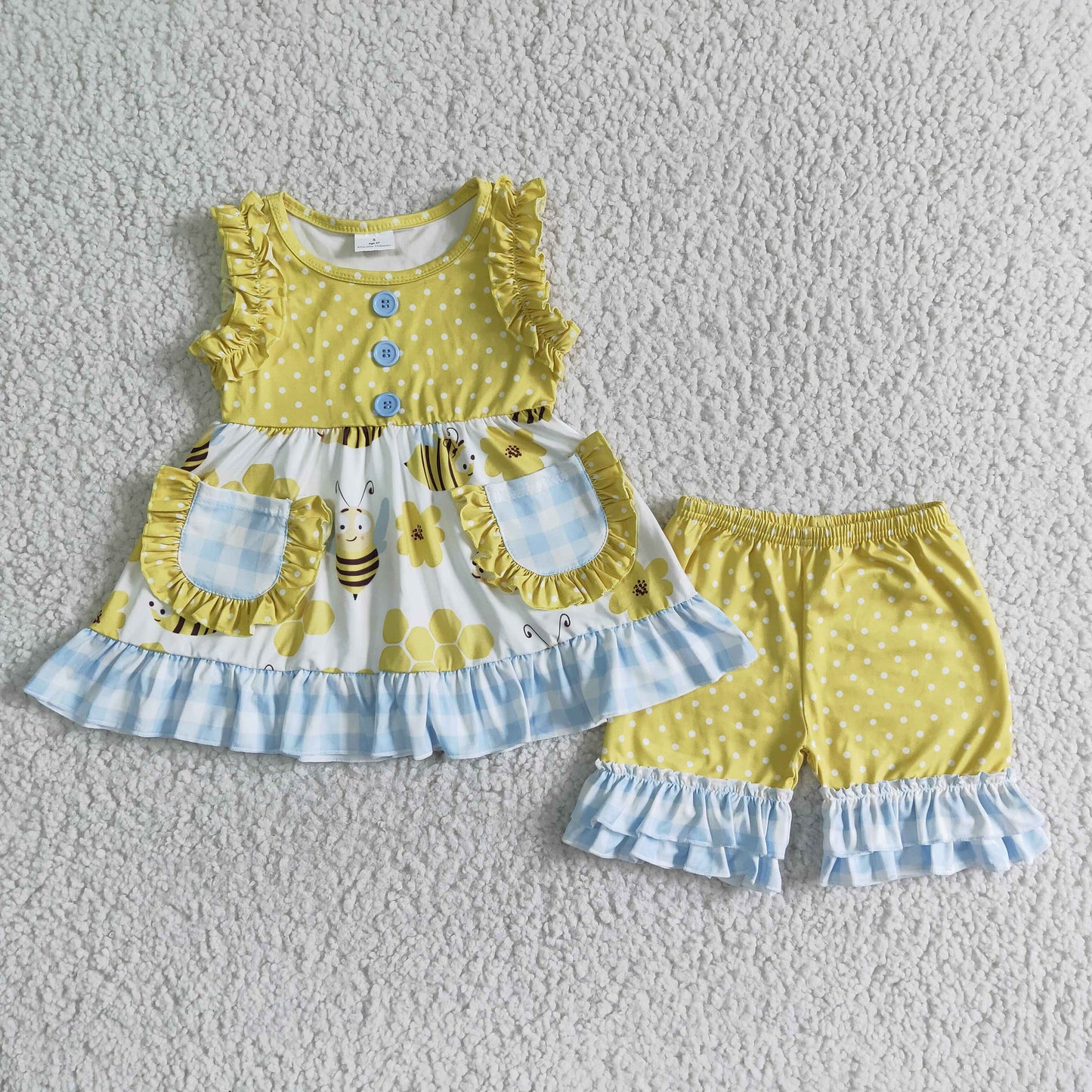 Sleeveless pockets bee print baby girls clothes