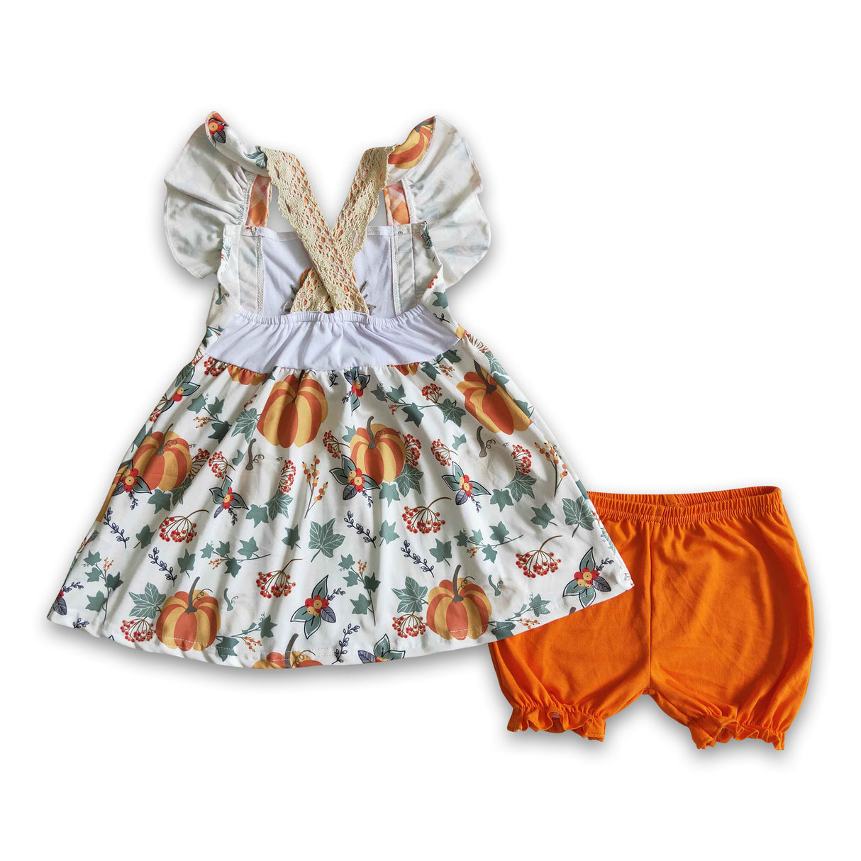 Pumpkin embroidery flutter sleeves tunic orange shorts girls fall set