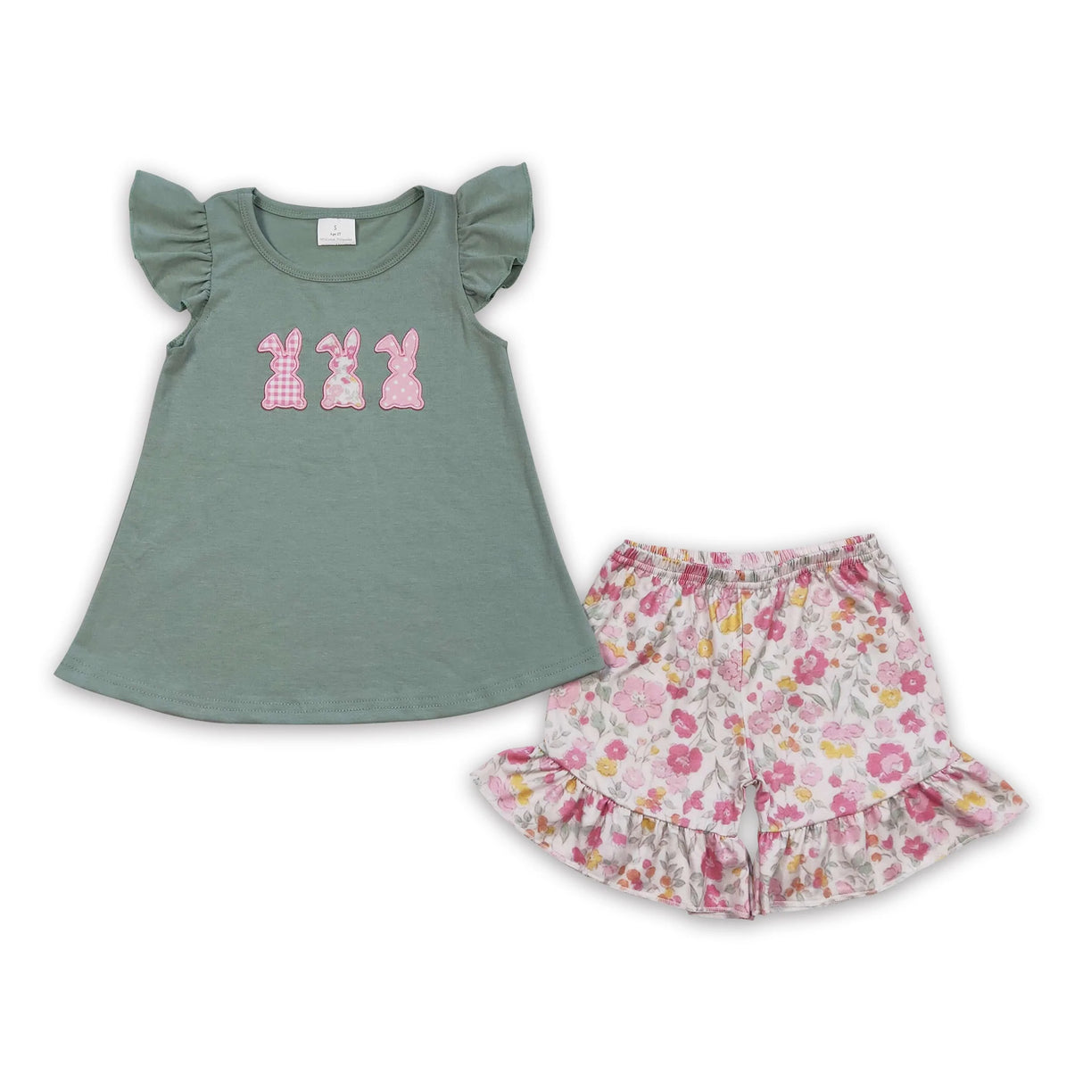 Floral bunny embroidery shirt ruffle shorts girls easter outfits