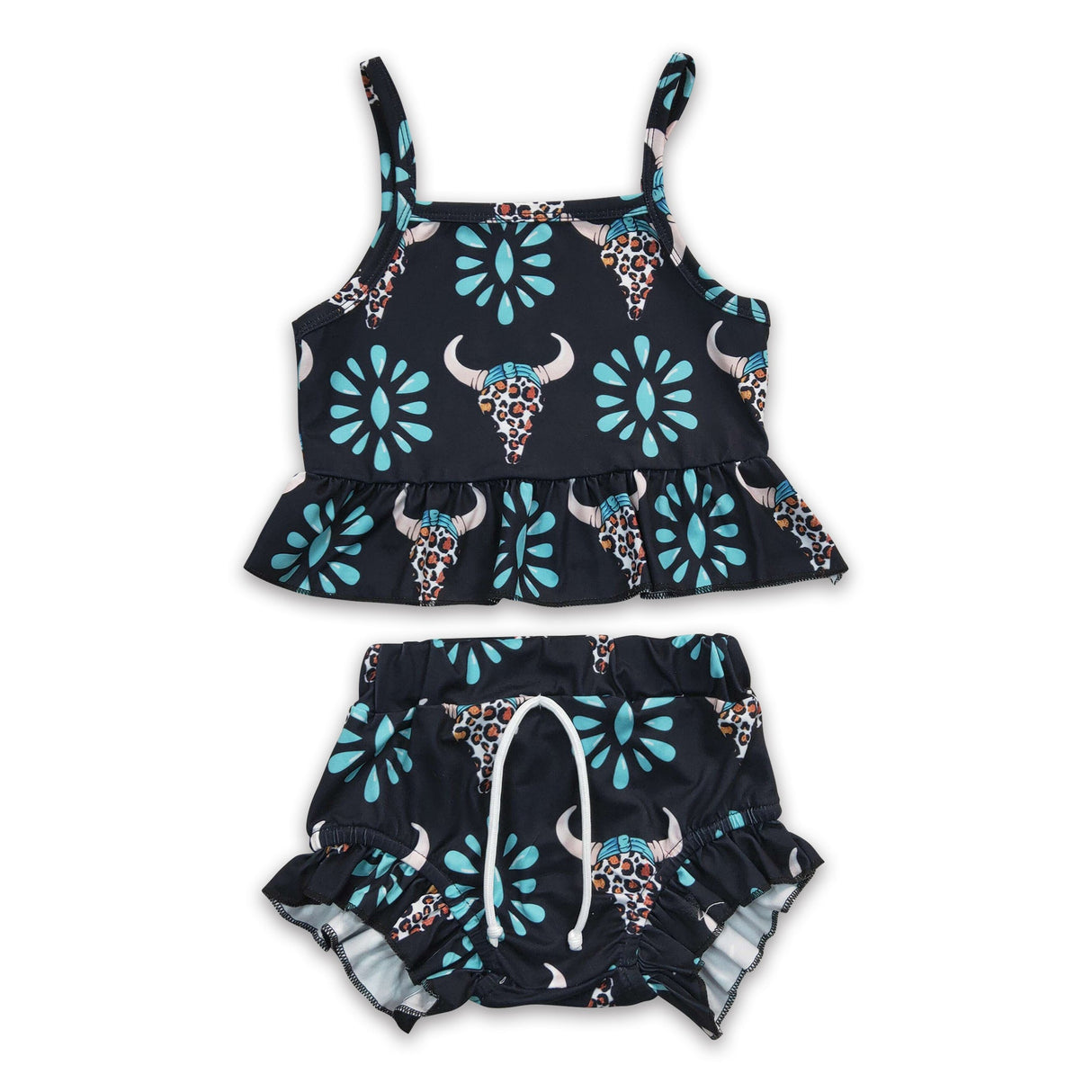 Leopard bull skull turquoise sleeveless baby girls western outfits