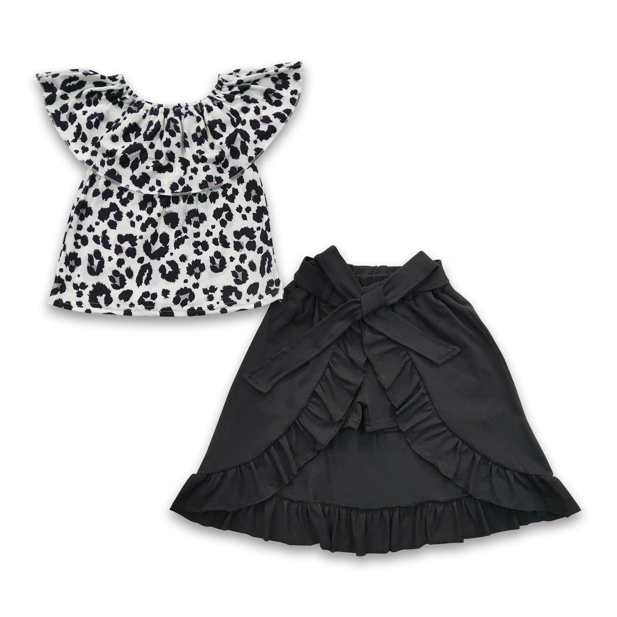 Leopard shirt black shorts skirt kids girls clothing set