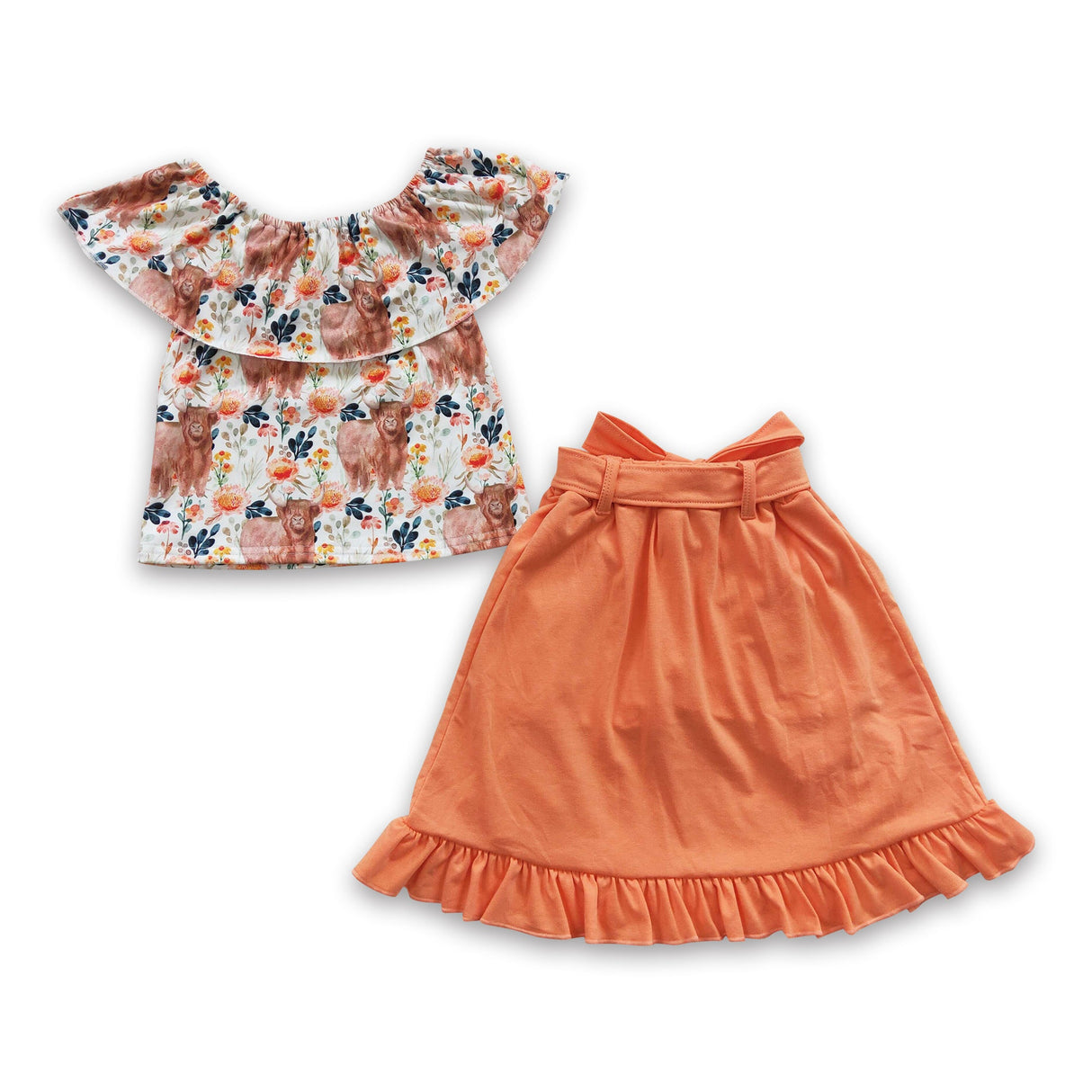 Highland cow top match shorts skirt kids girls outfits