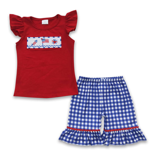 Flag firework embroidery kids girls 4th of july clothing set