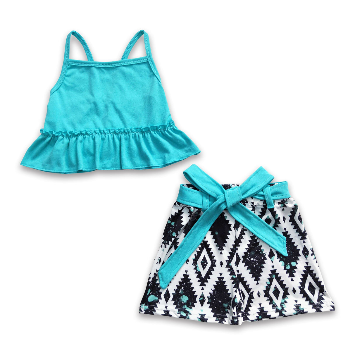 Sleeveless top aztec shorts with belt girls clothing set