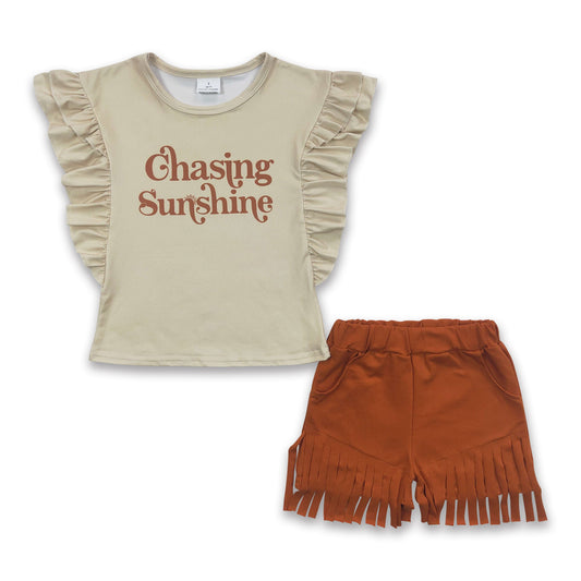 Chasing sunshine shirt tassels shorts girls summer clothes