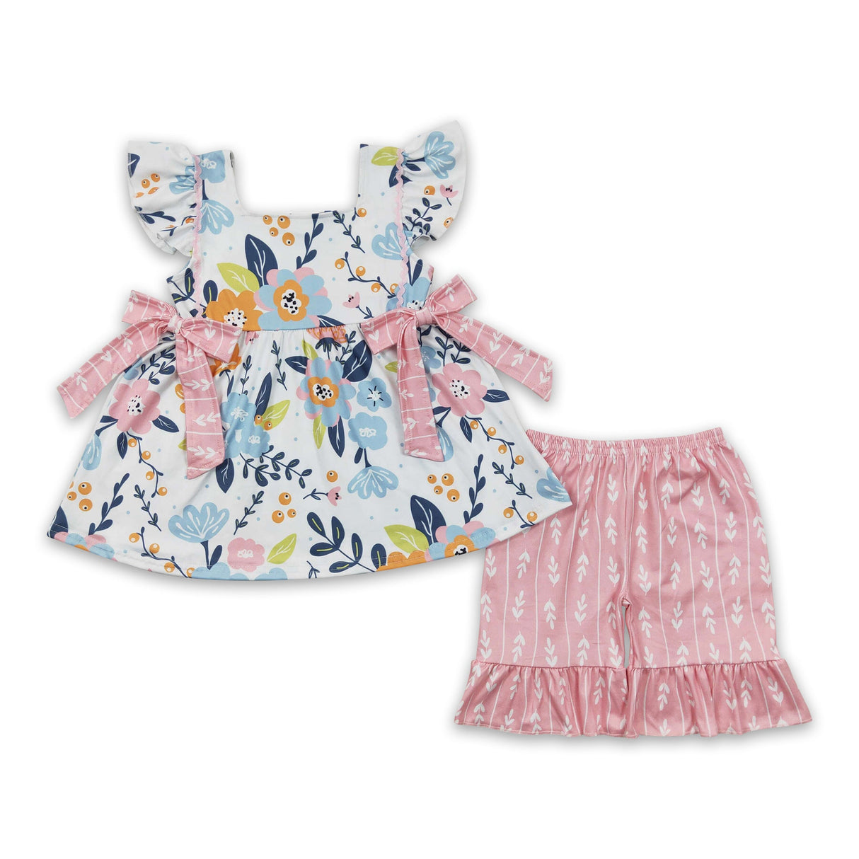 Flutter sleeves floral tunic ruffle shorts kids girls summer set
