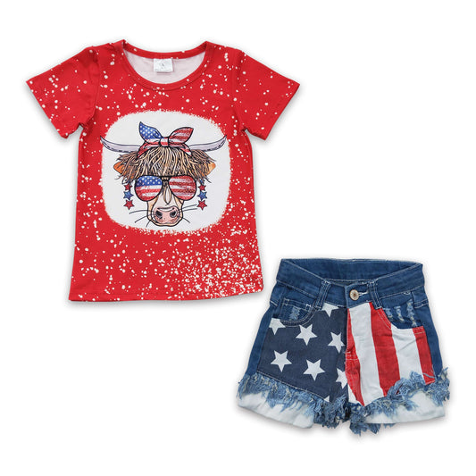 Highland cow bleached shirt denim shorts girls 4th of july clothes