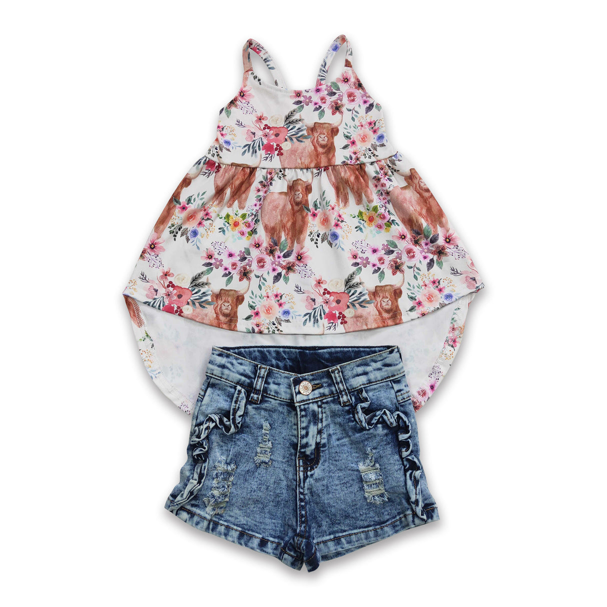 Highland cow high-low top denim shorts girls clothing set