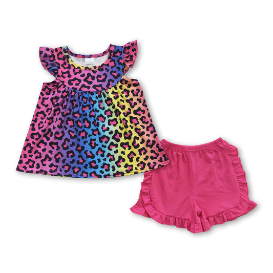 Colorful leopard top ruffle shorts girls summer clothing