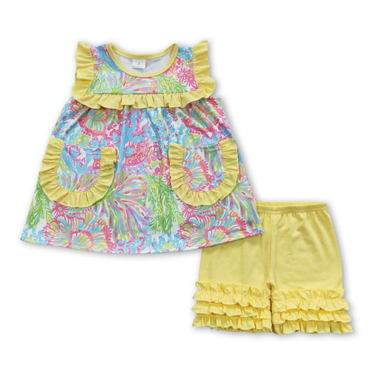 Colorful pockets tunic ruffle shorts girls summer clothes