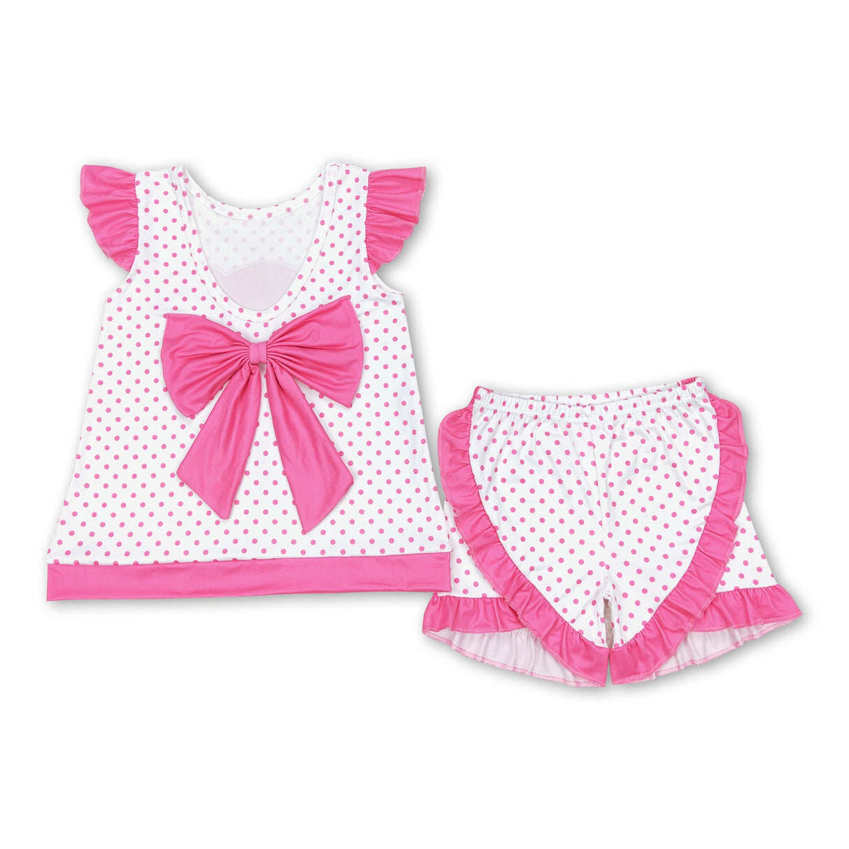 Pink polka dots top backless bow top shorts party girls outfits