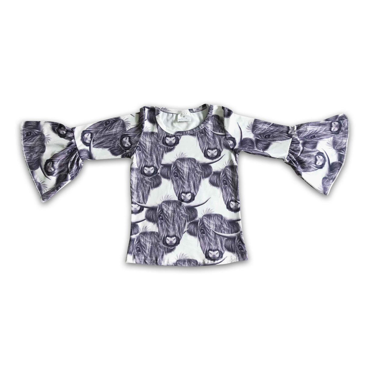 Gray highland cow ruffle sleeves girls shirt