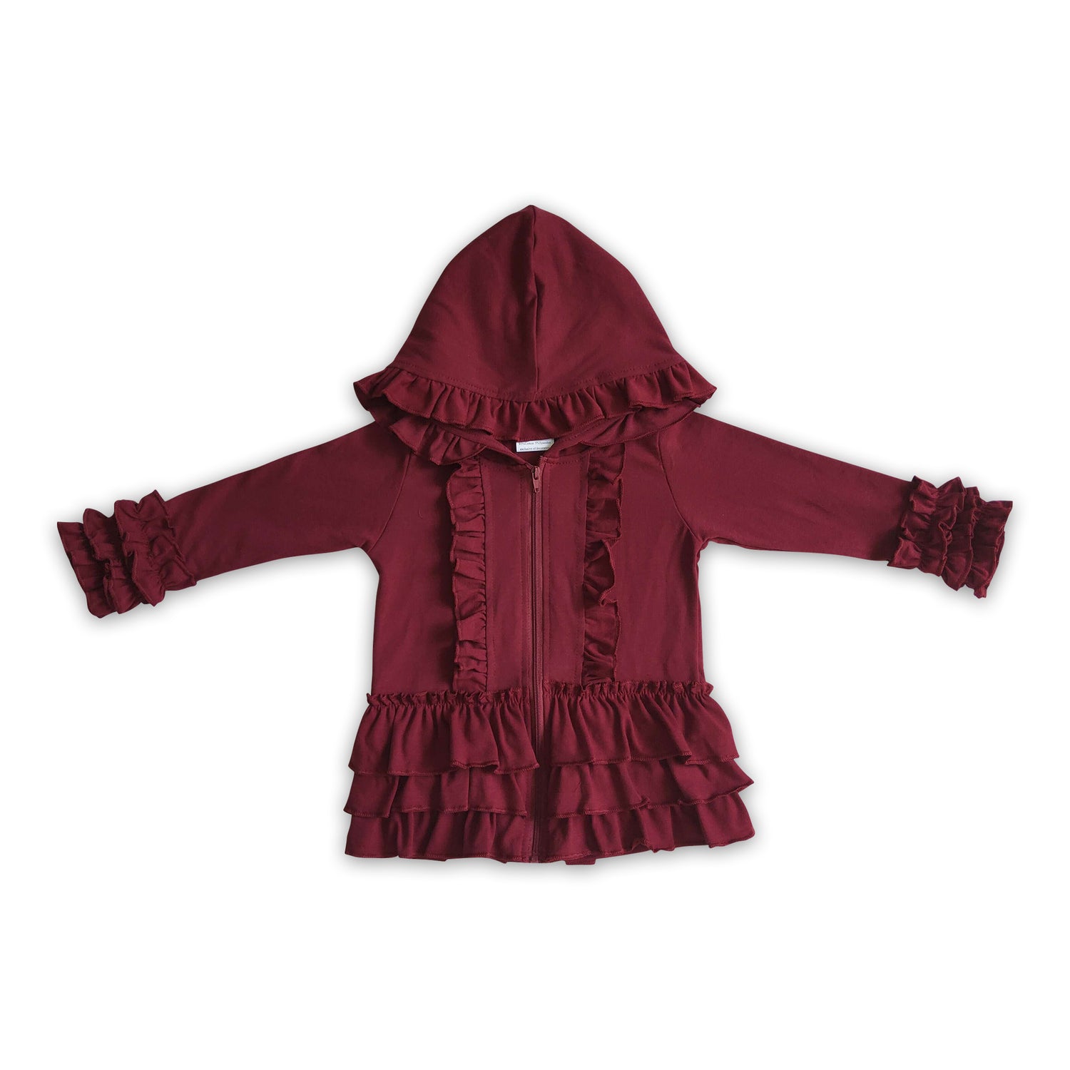 Solid Maroon zipper jacket girls ruffle hoodie cardigan