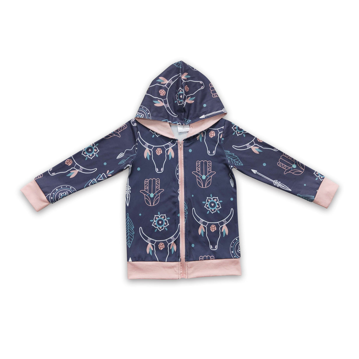 Bull skull feather zipper hoodie girls western jacket