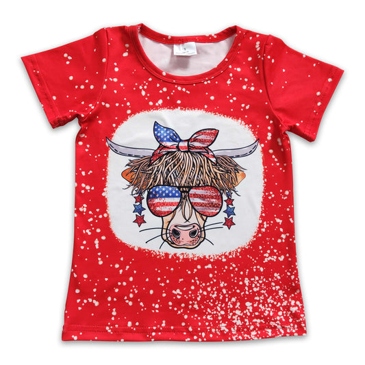 Highland cow glasses short sleeves girls 4th of july shirt