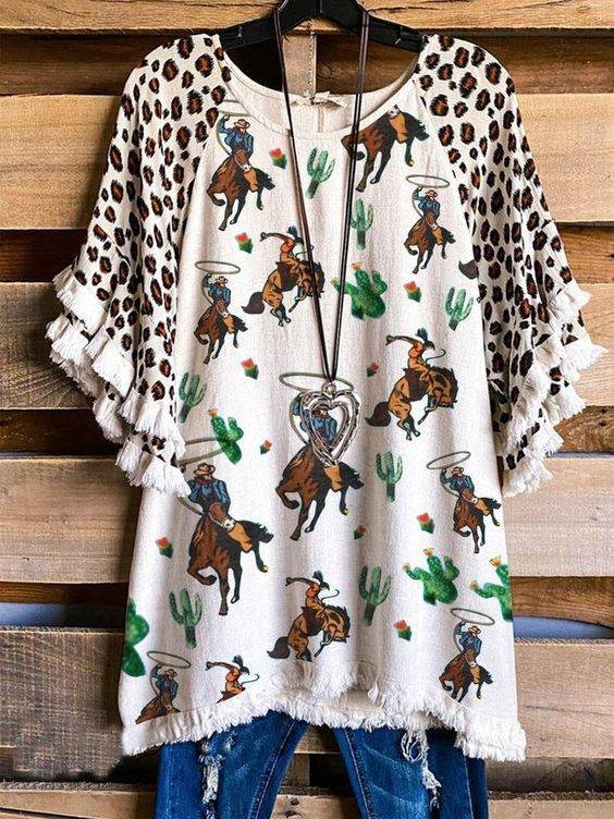 Leopard rodeo cactus short sleeves adult women shirt