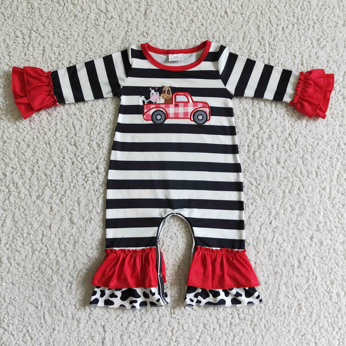 Cow truck embroidery stripe baby girls romper