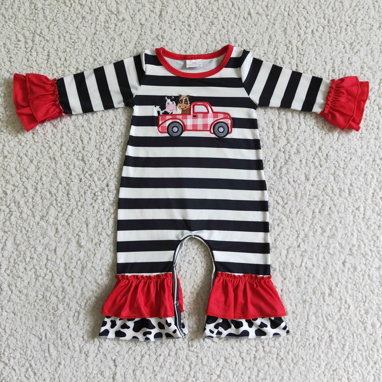 Cow truck embroidery stripe baby girls romper