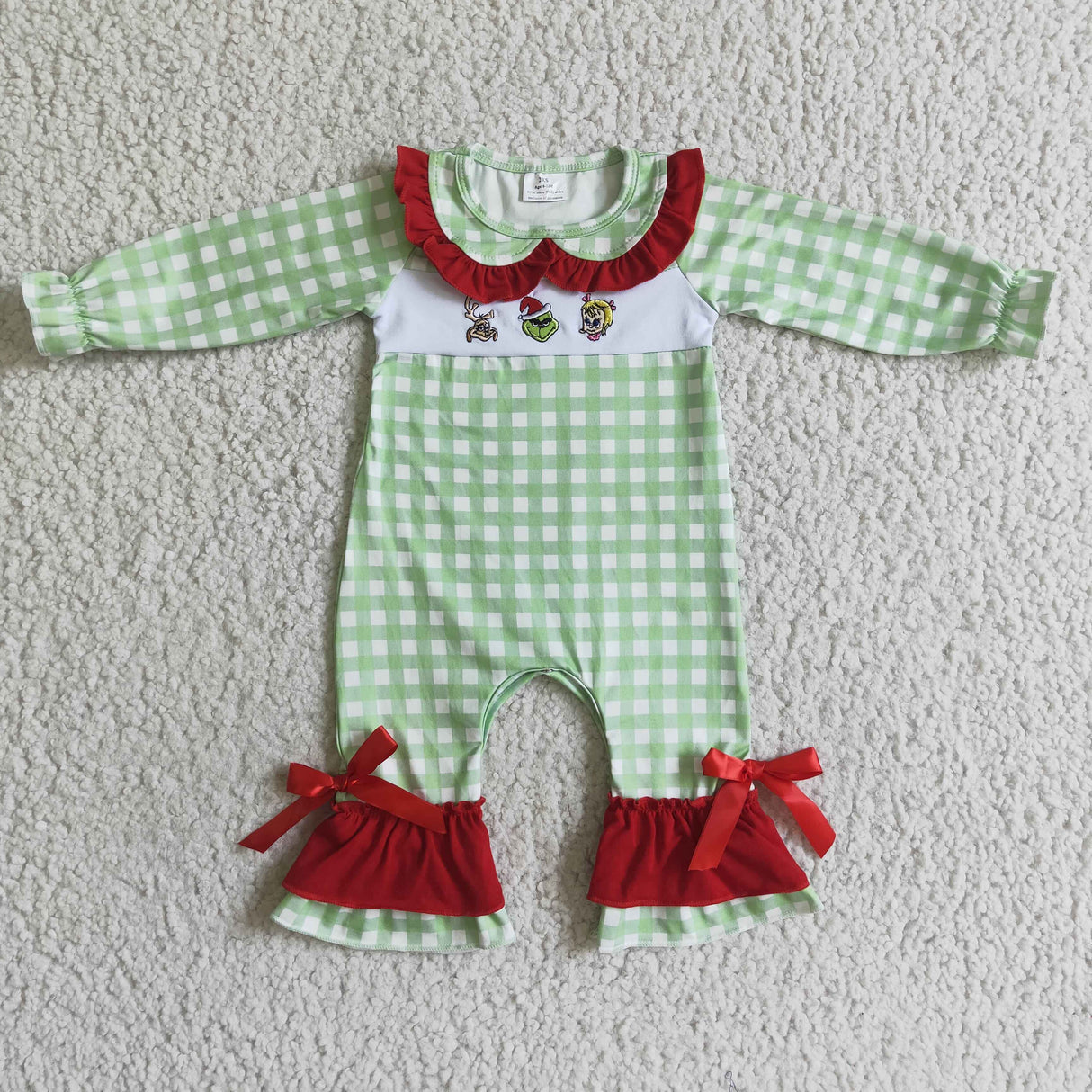 Red cotton green face embroidery baby girls Christmas romper