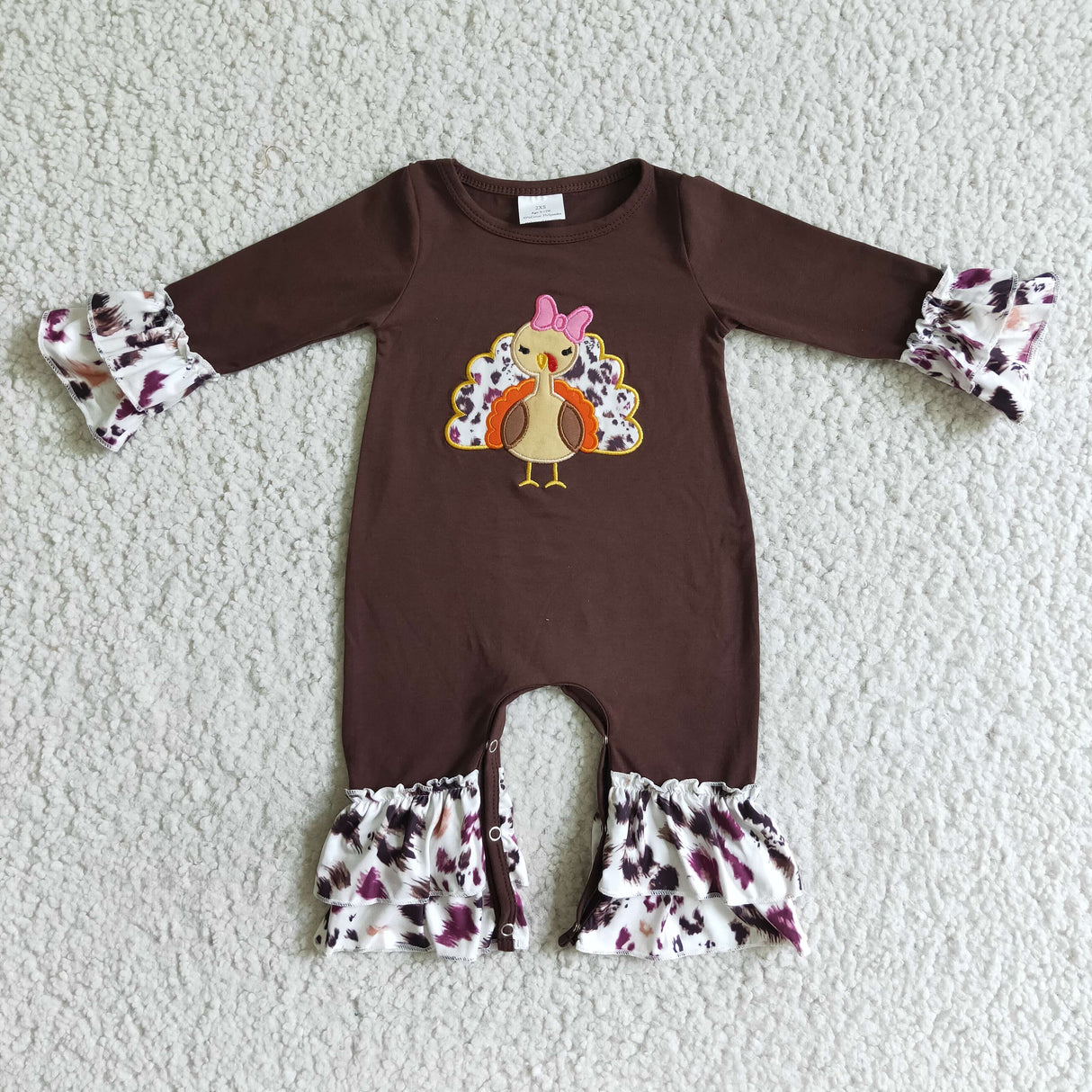 Turkey embroidery brown leopard baby Thanksgiving romper