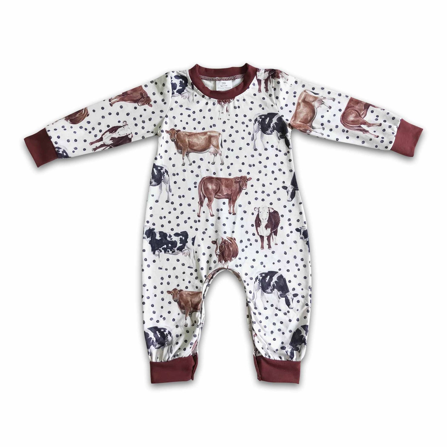 Polka dots cows long sleeve brown baby boy romper