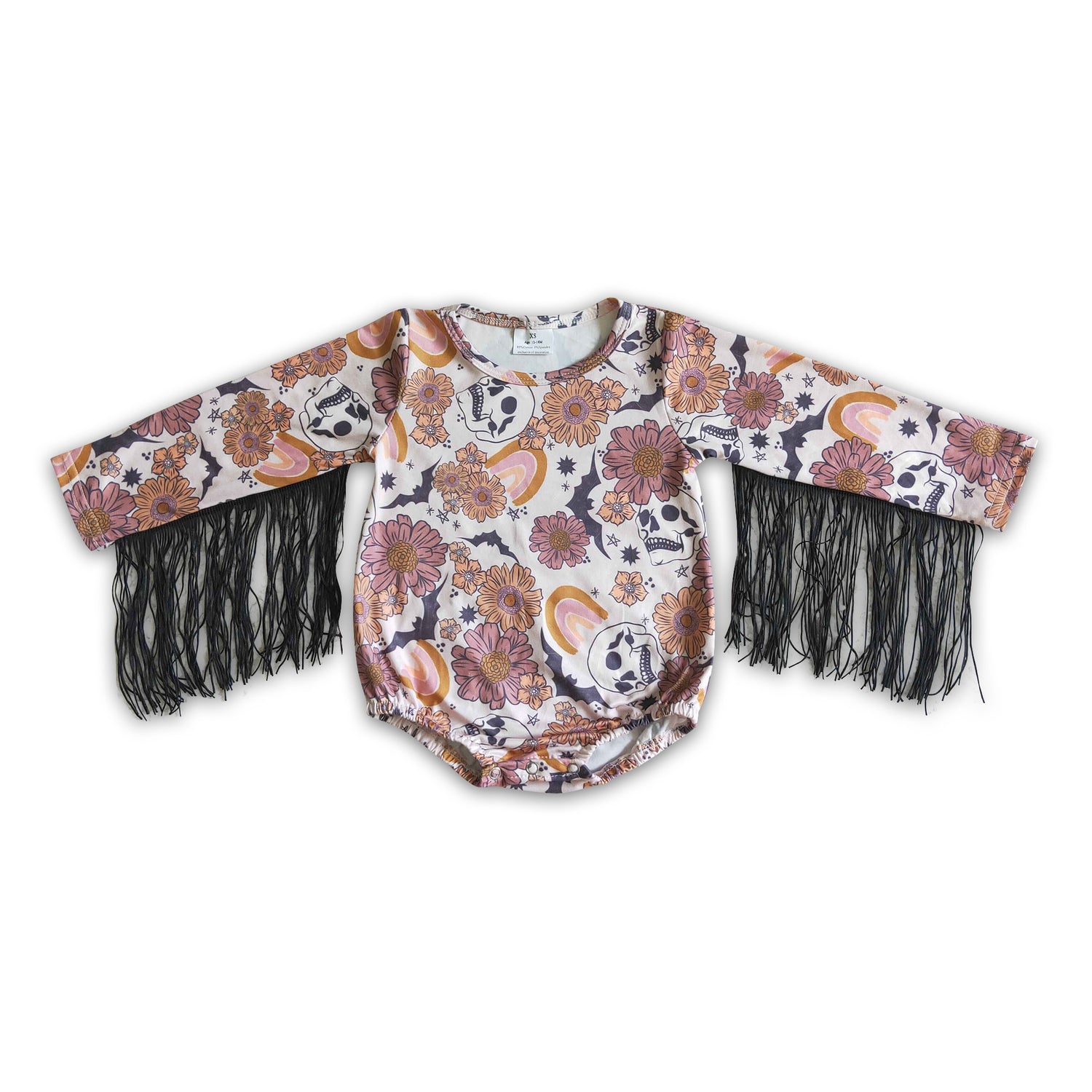 Skull floral rainbow baby tassels Halloween romper