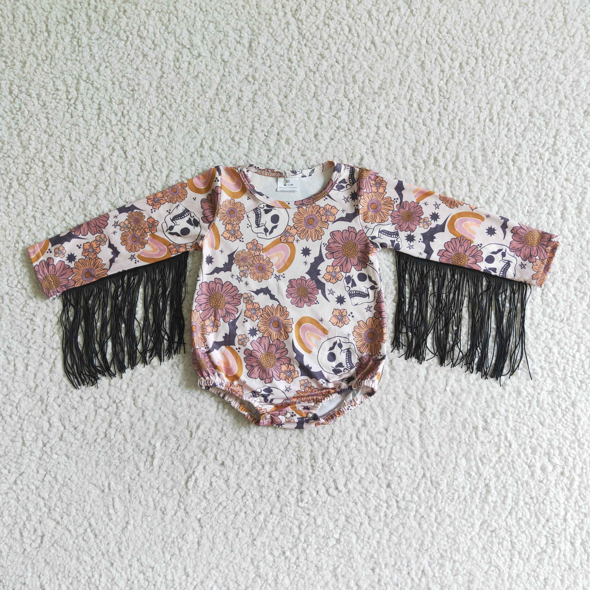 Skull floral rainbow baby tassels Halloween romper