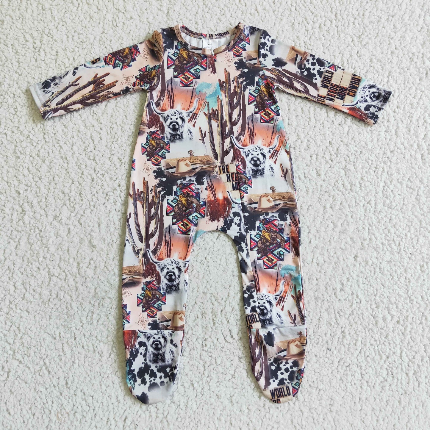 Highland cow baby cactus footed zip coverall