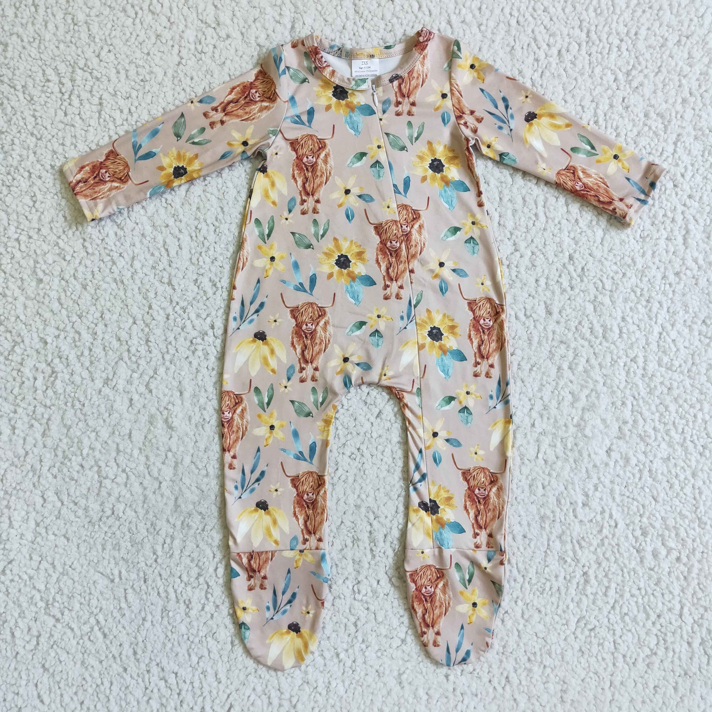 Highland cow floral baby footed zip coverall