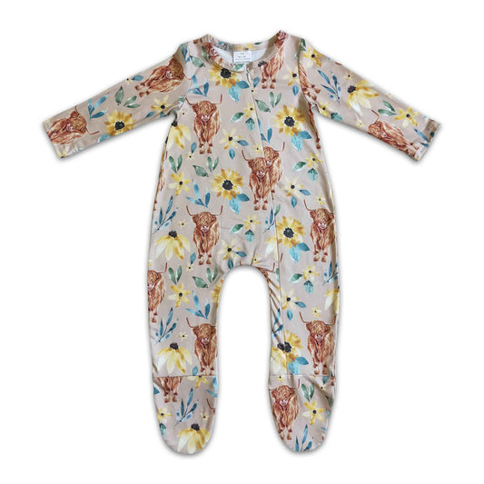 Highland cow floral baby footed zip coverall