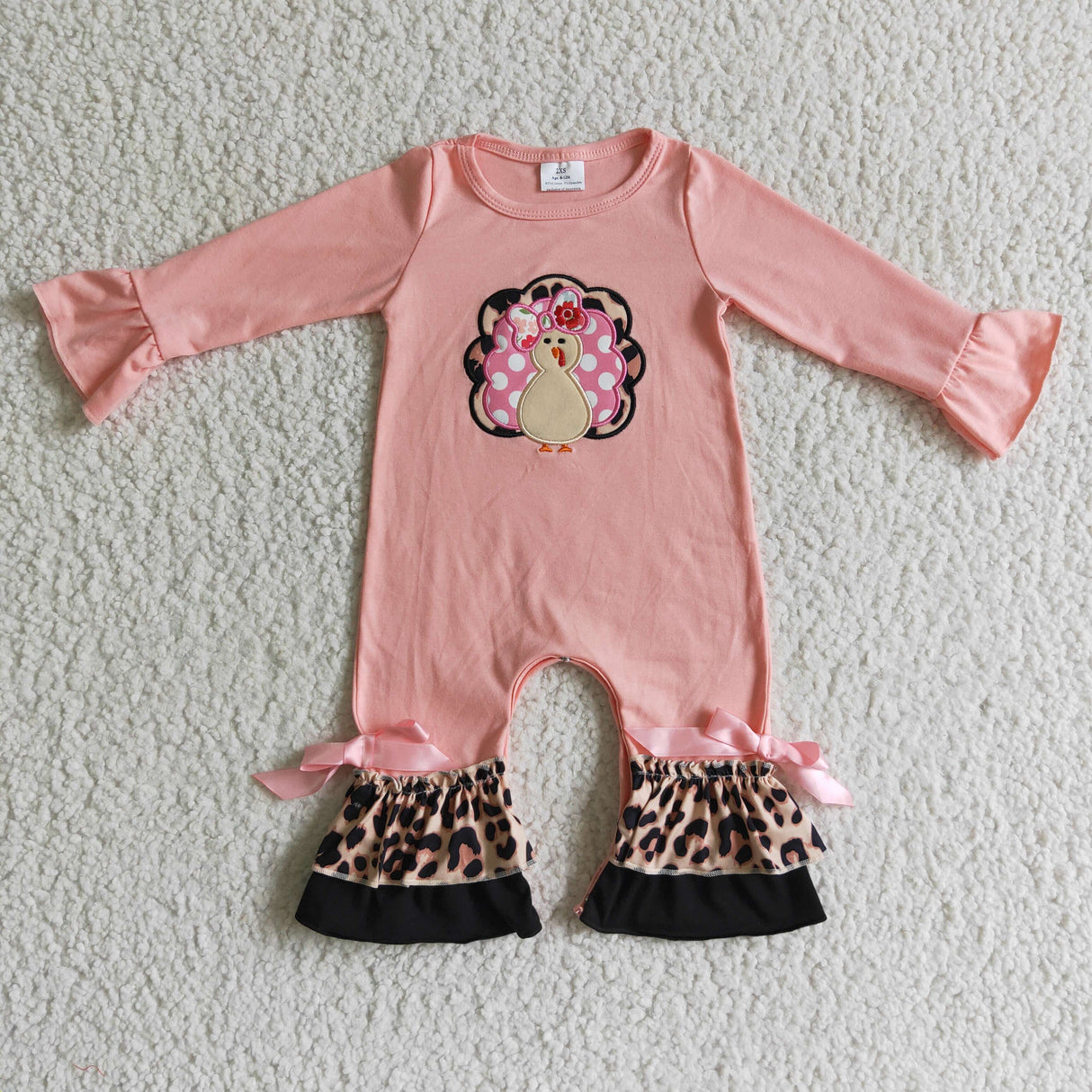 Pink turkey embroidery leopard ruffle baby Thanksgiving romper