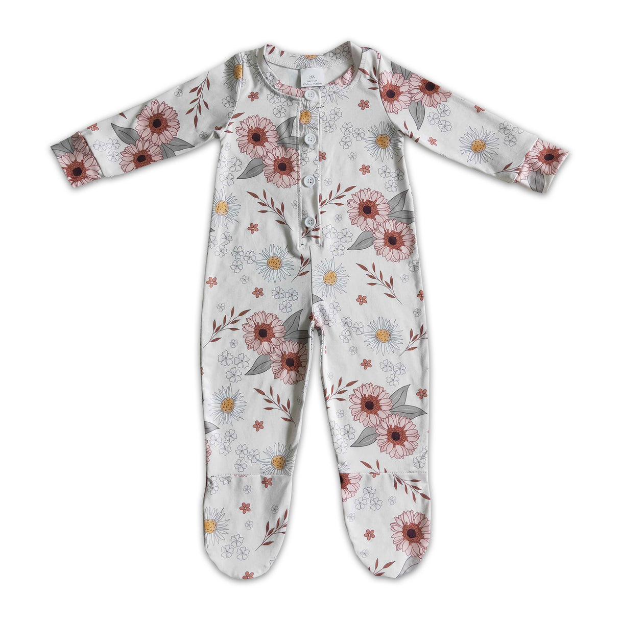 Pink floral long sleeve baby girls fall footed snaps coverall