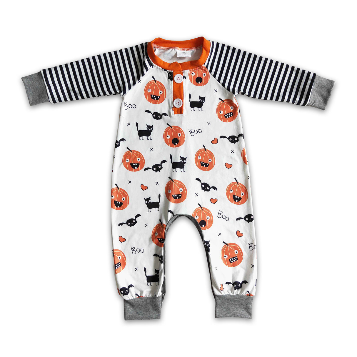 Stripe sleeves pumpkin bat boo baby boy Halloween romper